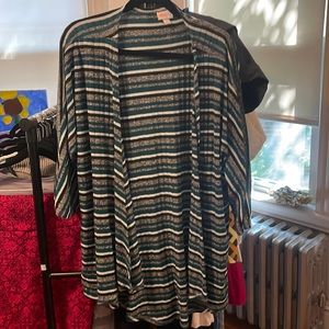 Lularoe Lindsay kimono open front cardigan size L teal black stripe